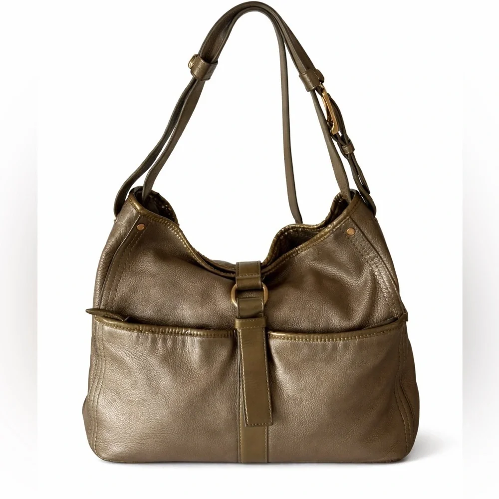 Cole Haan Metallic Gold Leather Hobo Shoulder Bag Buckle Detail Purse
